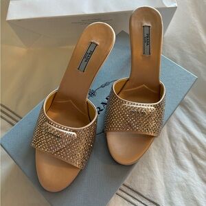 NWT NEW IN BOX PRADA CRYSTAL HEEL MULE SANDALS size 39